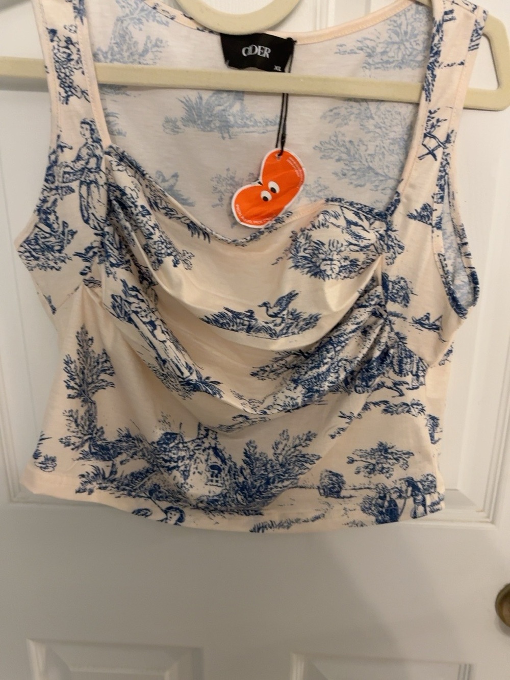 CIDER Blue & Cream Toile Print Ruched Square Neck Tank Top XL NWT